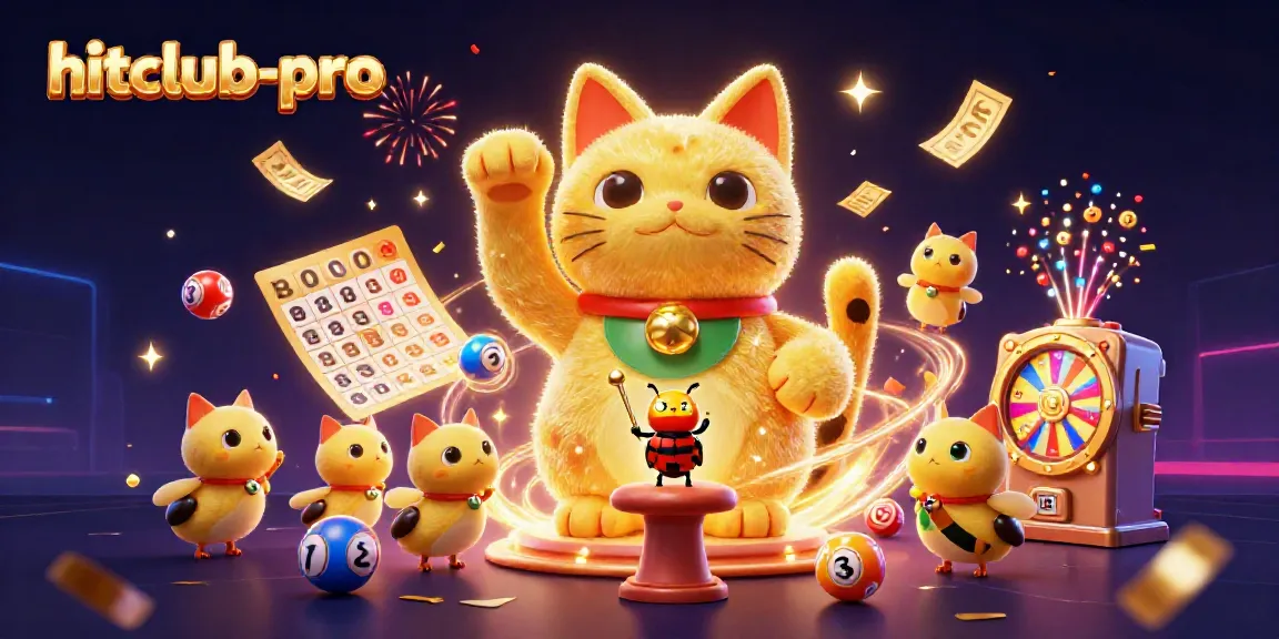 Engage in gaming excitement with hitclub-pro's lucky cat symbol surrounded by vibrant casino elements.