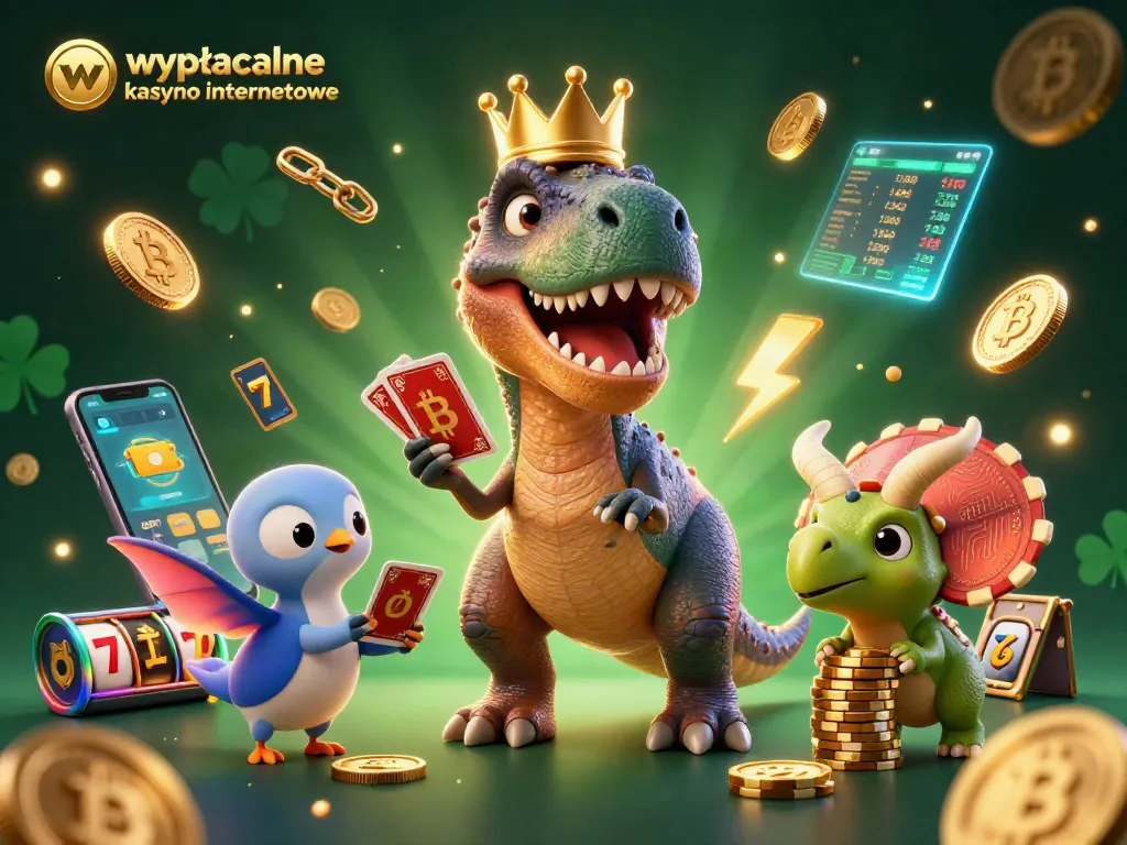 Engage in the action at wypłacalne kasyno internetowe with a vibrant scene featuring animated characters, slot machines, and crypto elements.