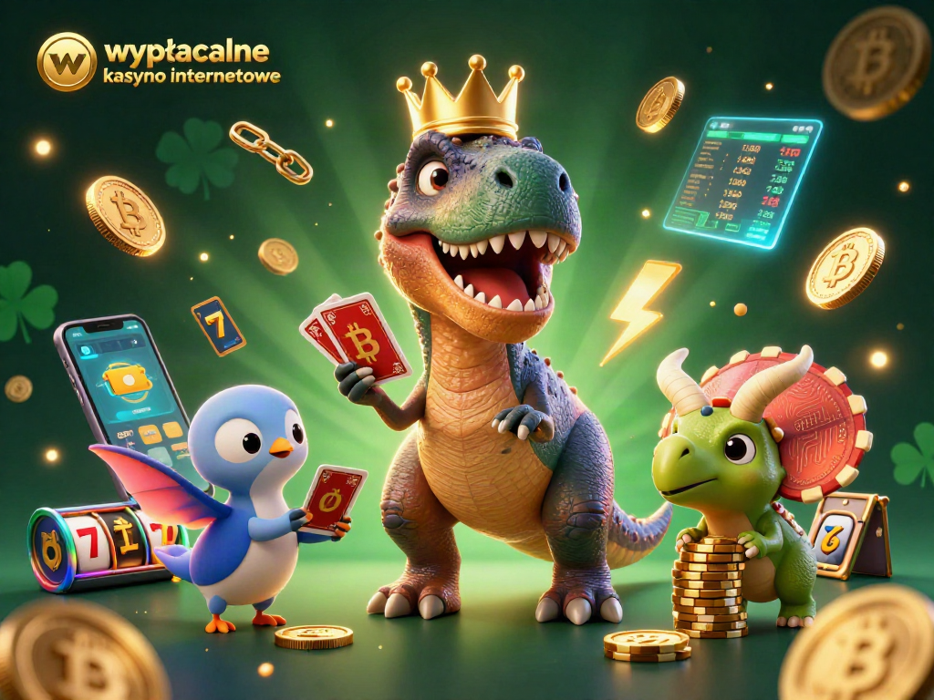 Engage in the action at wypłacalne kasyno internetowe with a vibrant scene featuring animated characters, slot machines, and crypto elements.