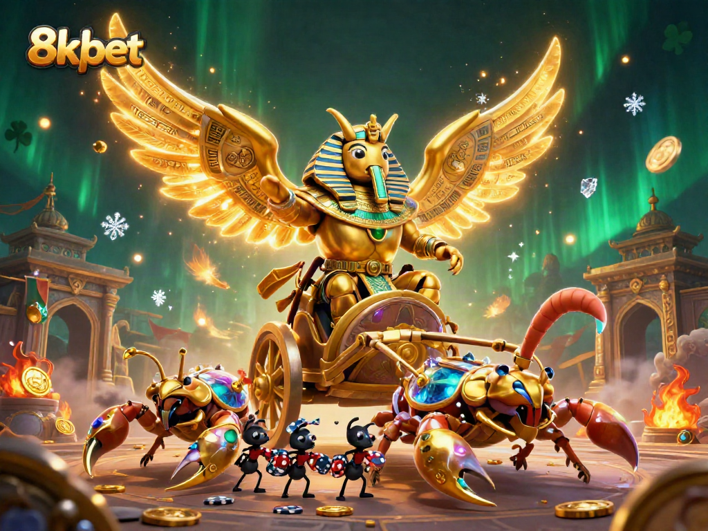 Experience thrilling gameplay at 8xbet with a vibrant scene of a colossal scarab and scorpions.