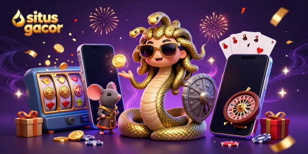 Gambarkan situs gacor yang menarik dengan Medusa lucu dan chip poker di sekelilingnya.
