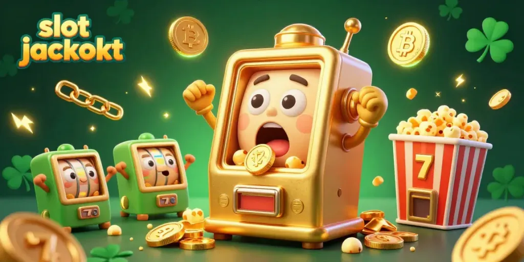 Celebrate the slot jackpot with a golden machine gleefully pouring coins in a vibrant casino scene.