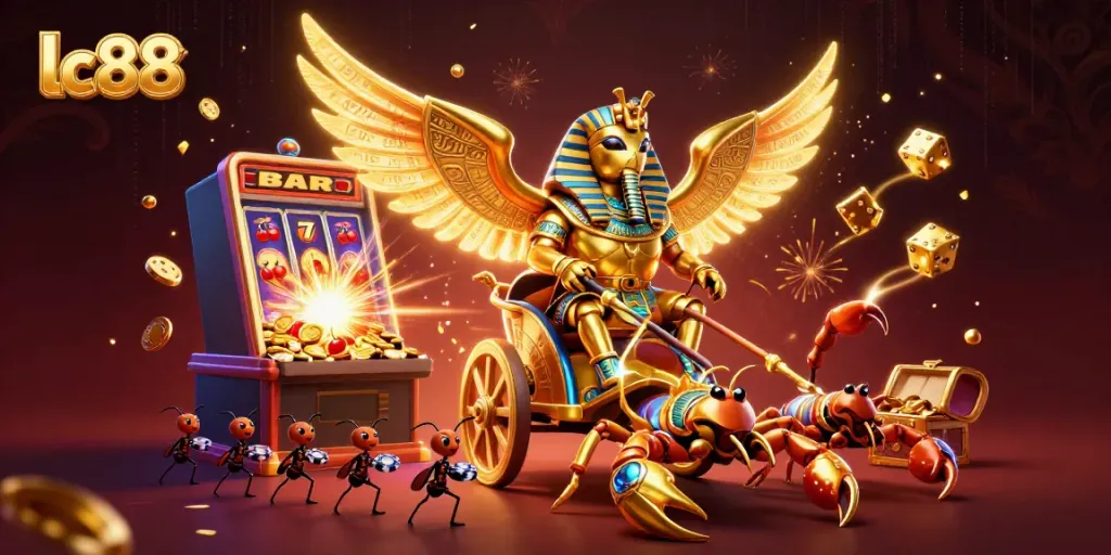 Experience the thrill of lc88 gaming with a majestic beetle chariot in a jackpot explosion.