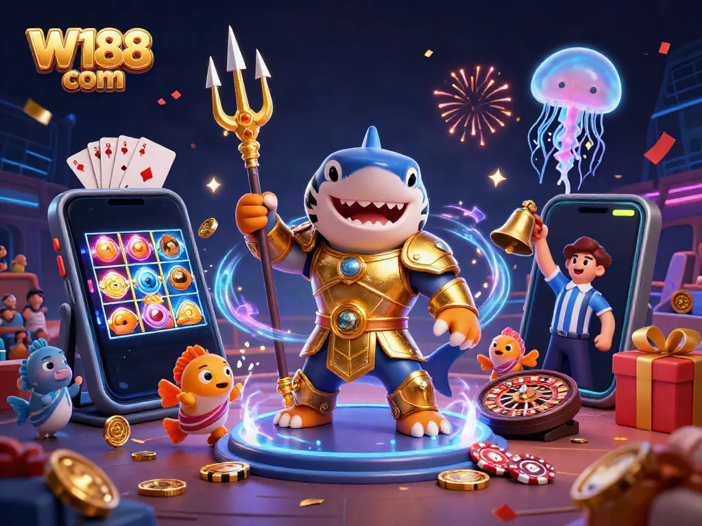 Engage in thrilling underwater action with W188 com, featuring a golden-armored shark champion in the colosseum.