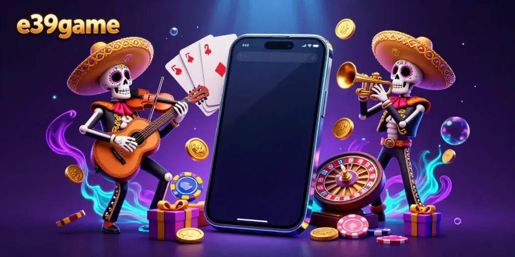Engage with exciting slots and melodies at e39game, featuring a vibrant mariachi band amidst sparkling casino elements.