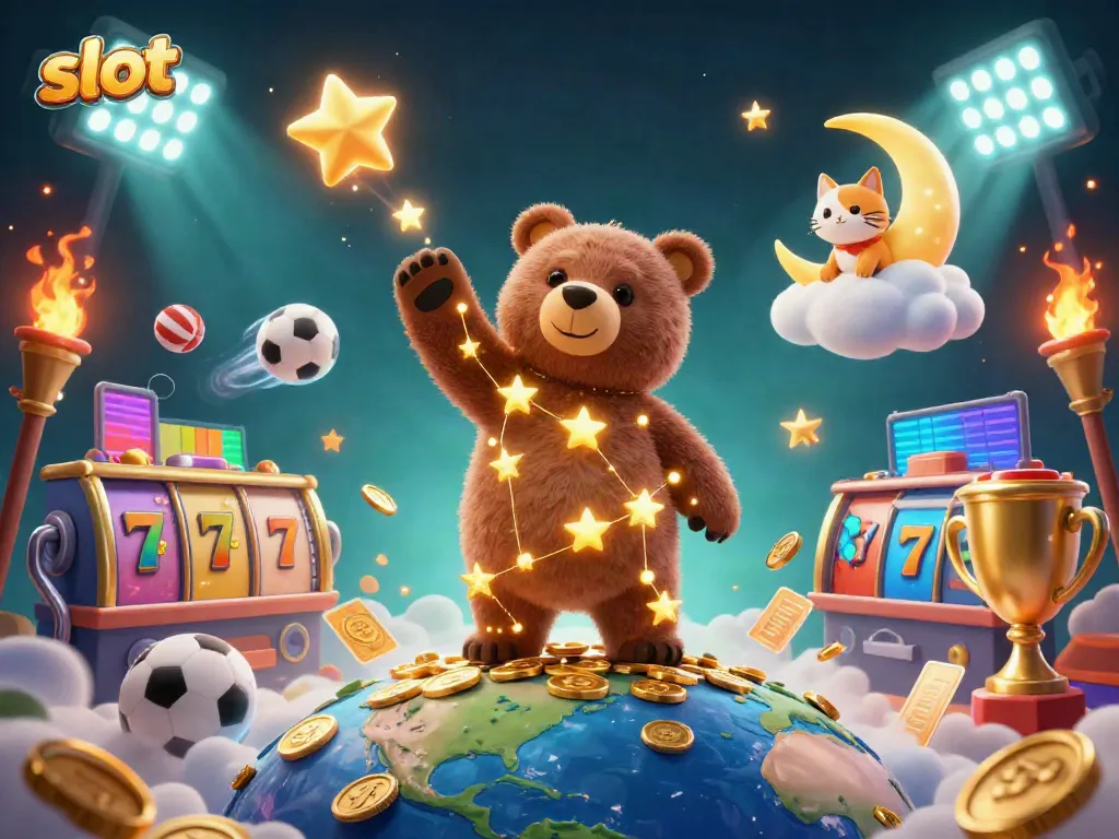 Slot permainan menarik dengan bintang beruang dan kucing di bulan menciptakan suasana casino yang menyenangkan.