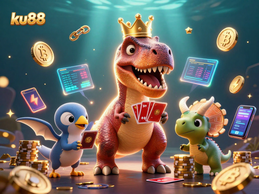 ku88 showcases a lively casino scene with a T-Rex and vibrant crypto elements.