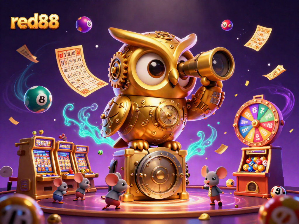 Experience the excitement of red88 with dynamic lottery elements and charming characters in a vibrant casino scene.