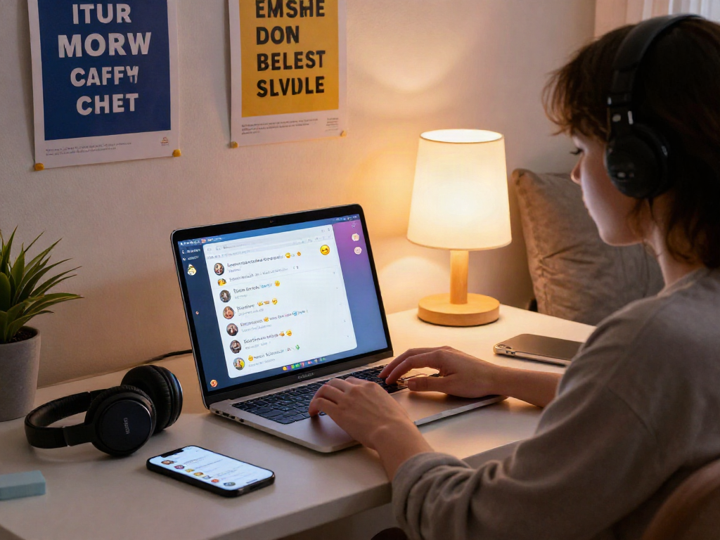 Engaging nsfw chat session in a cozy workspace with laptop and vibrant emojis.