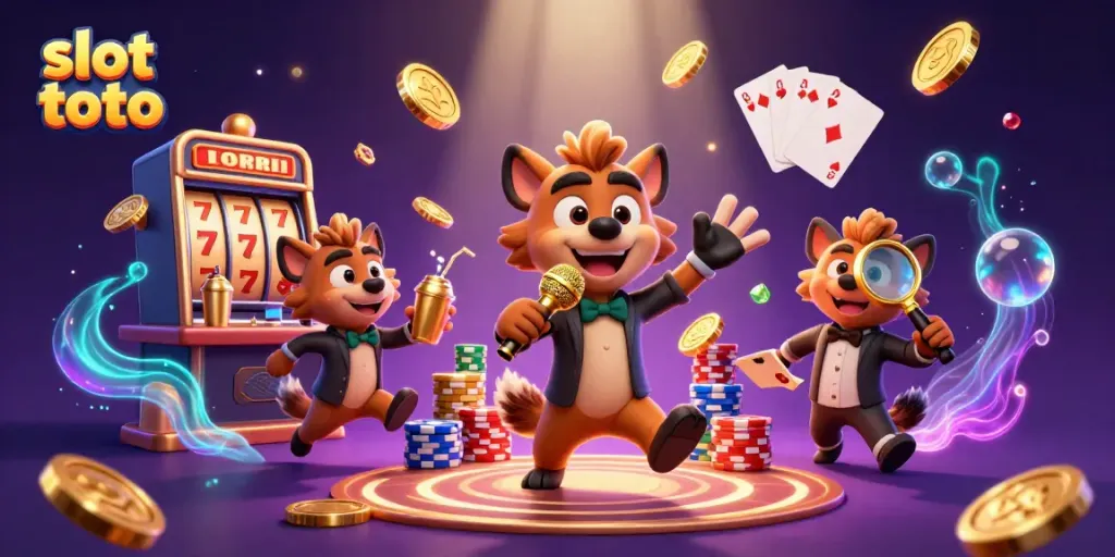 Geng hyena lucu merayakan permainan slot toto dengan jackpot dan koin emas melimpah