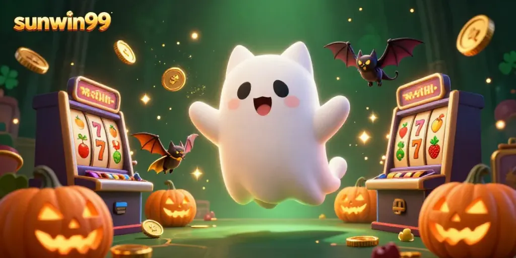 Engage with exciting casino action at sunwin99 featuring a ghost cat and vibrant slot reels.