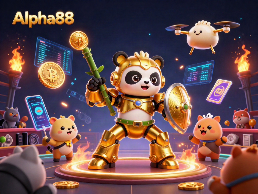 Join Alpha88's dynamic casino scene with thrilling mech-suit panda action amidst crypto excitement.
