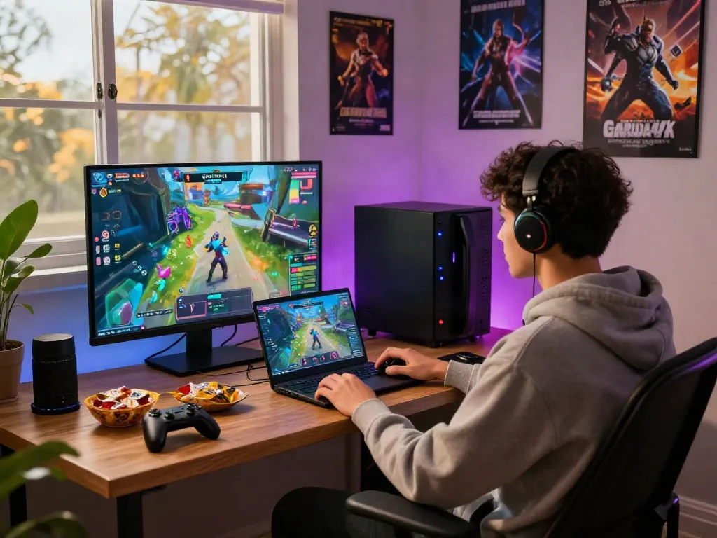 User enjoying gaming on GARUDA404 platform in a vibrant living room setup, showcasing modern gaming elements.