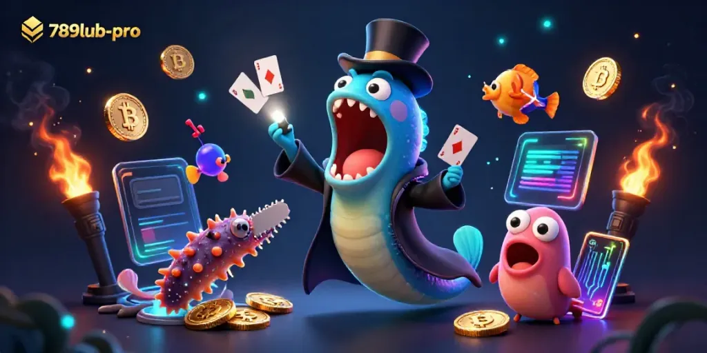 Engage with 789lub-pro’s thrilling 3D casino scene featuring vibrant crypto elements and marine characters.