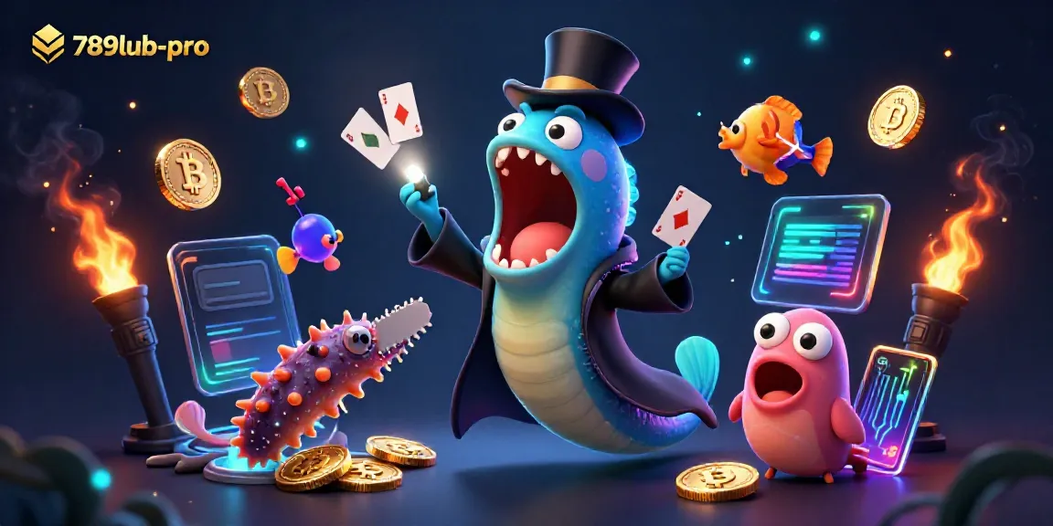 Engage with 789lub-pro’s thrilling 3D casino scene featuring vibrant crypto elements and marine characters.