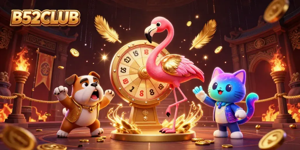 B52CLUB game show scene featuring a flamingo host, bulldog contestant, and scoreboard cat assistant spinning a prize wheel.