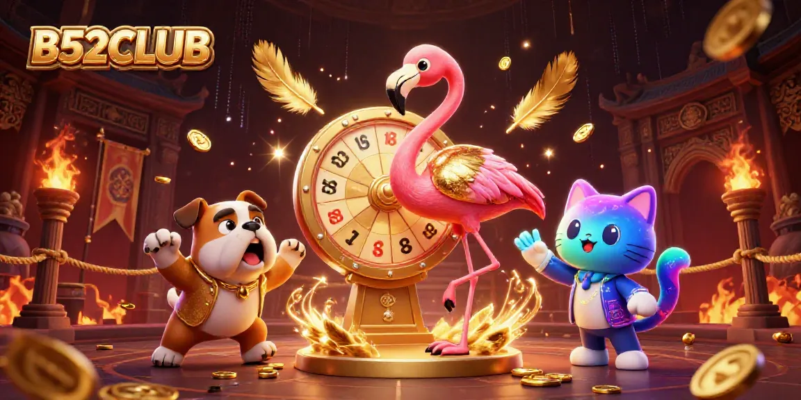 B52CLUB game show scene featuring a flamingo host, bulldog contestant, and scoreboard cat assistant spinning a prize wheel.