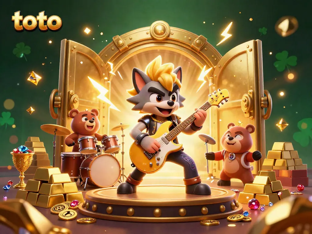 Experience thrilling toto gameplay with a vibrant casino scene featuring a dynamic rock star wolf and drummer bear.