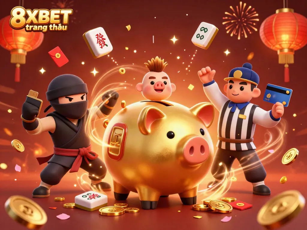 Engage in thrilling gameplay at 8XBET trang chủ with dynamic characters in a festive casino atmosphere.