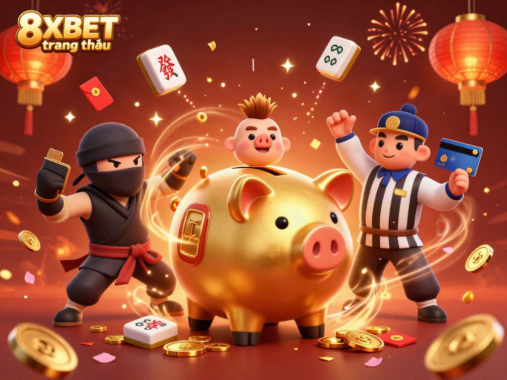 Engage in thrilling gameplay at 8XBET trang chủ with dynamic characters in a festive casino atmosphere.