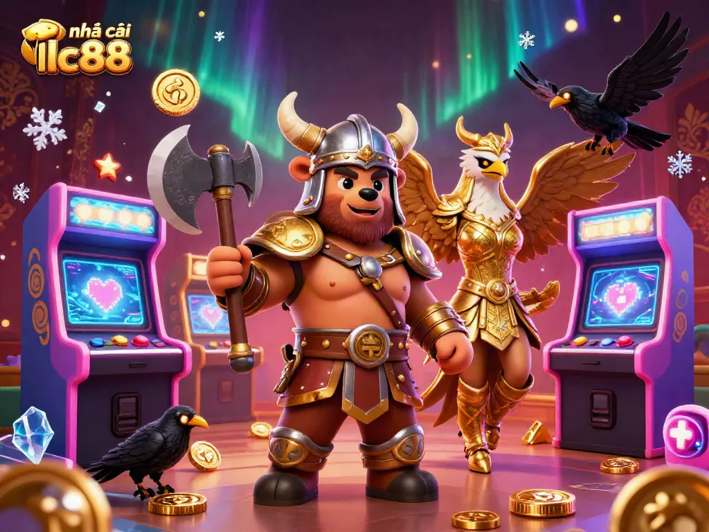 Experience the thrill at nhà cái lc88 with a dynamic 3D casino illustration featuring a Viking bear and Valkyrie eagle.