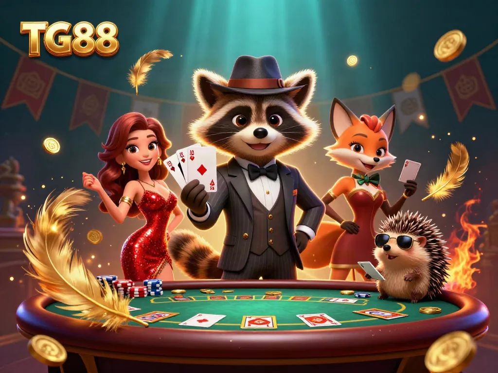 Engaging scene featuring TG88 characters playing poker at a vibrant casino table full of chips and cards.