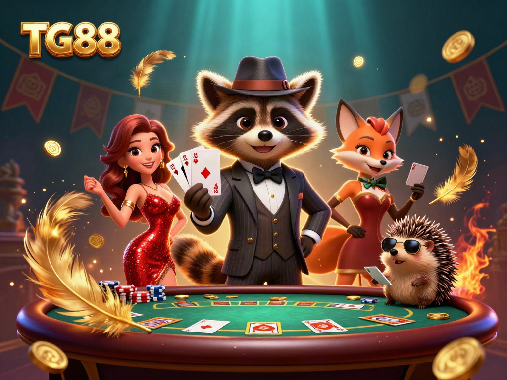 Engaging scene featuring TG88 characters playing poker at a vibrant casino table full of chips and cards.