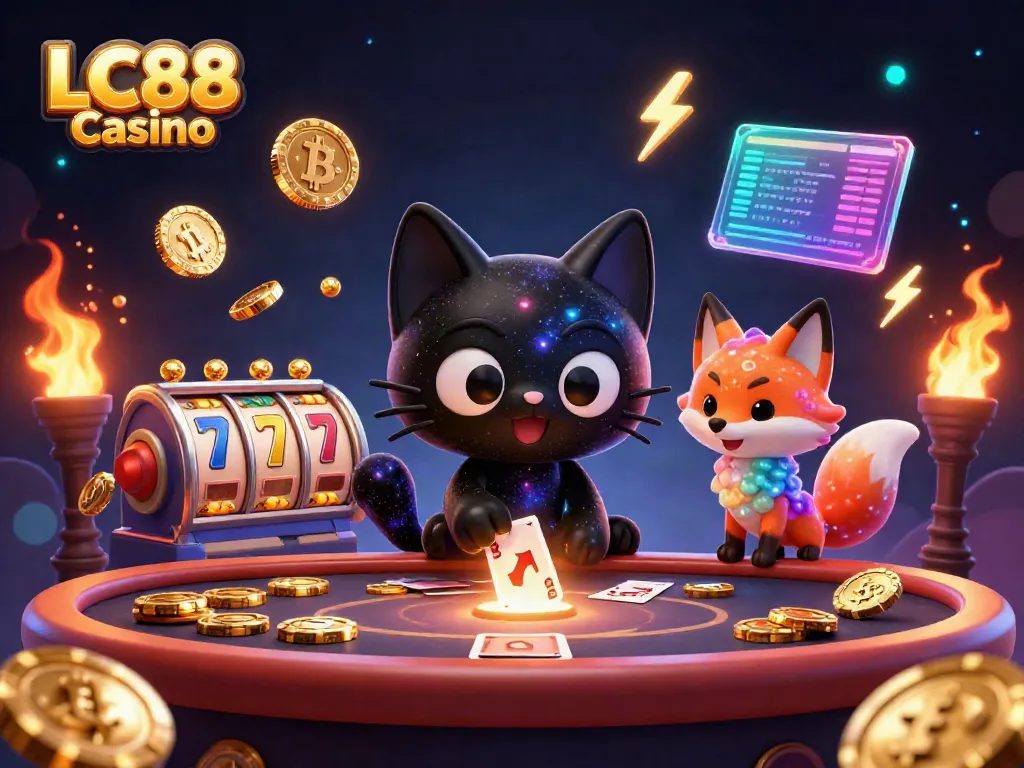 Experience thrilling gameplay at LC88 Casino with a unique cosmic-themed illustration of a black hole cat pulling in coins.