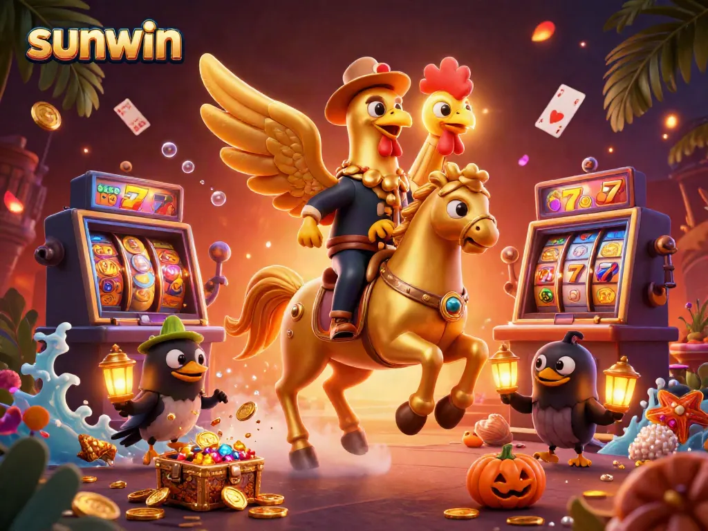 Engaging illustration of the sunwin casino experience with a golden rooster and treasure-filled slots.