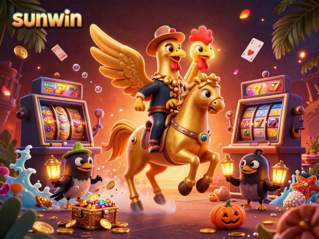 Engaging illustration of the sunwin casino experience with a golden rooster and treasure-filled slots.