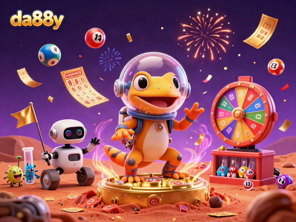 Engaging da88y illustration featuring a Martian gecko discovering a golden casino amidst vibrant gambling elements.