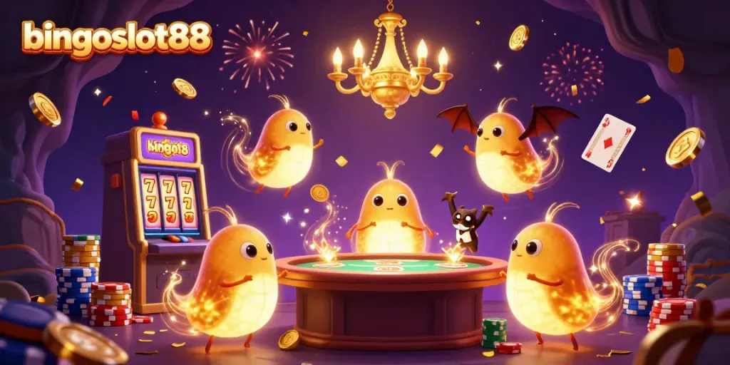 Menghidupkan bingoslot88 dengan karakter kartun di kasino gua yang cerah dan menyenangkan.