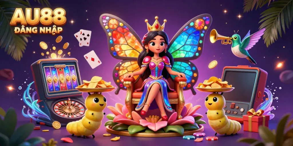 Engage with AU88 ĐĂNG NHẬP featuring a colorful 3D casino scene, complete with vibrant game elements and a charming butterfly queen.