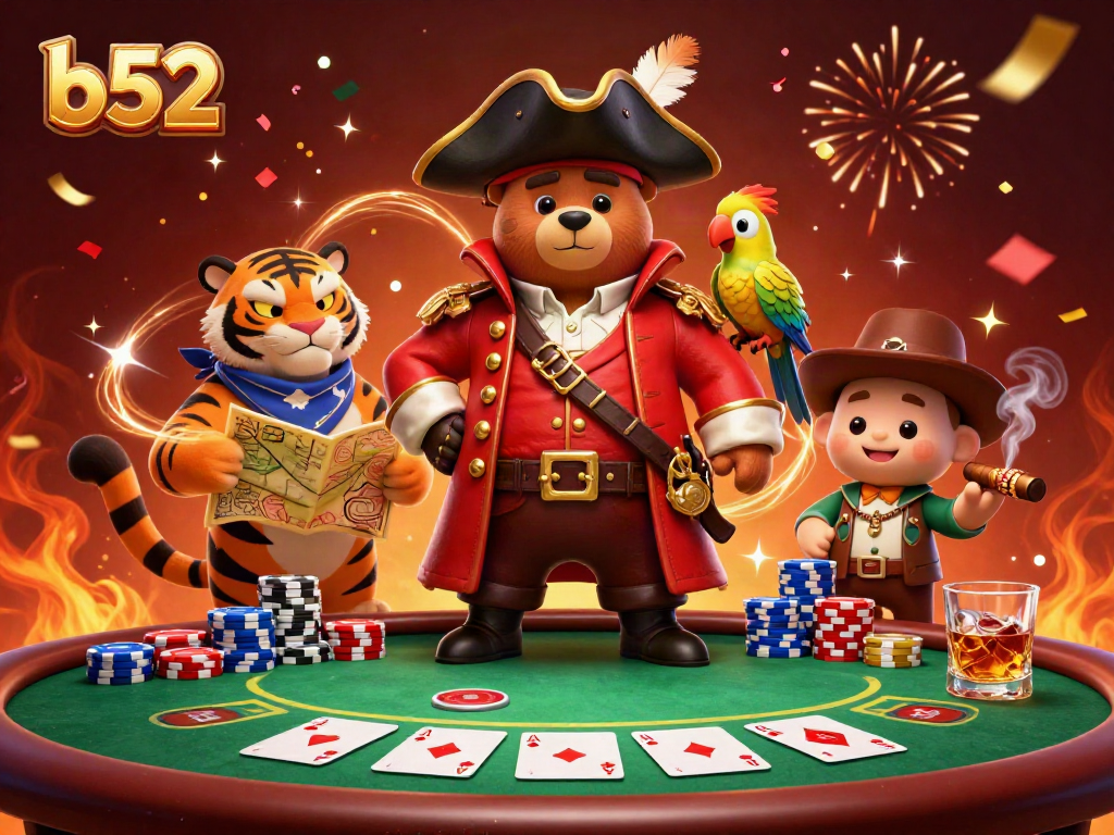 Experience thrilling gambling action with a vibrant scene featuring b52 among poker elements and dynamic characters.