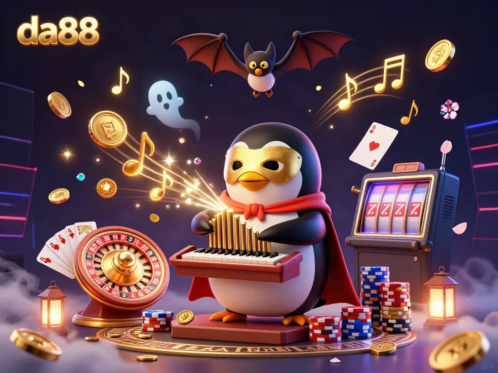 Experience thrilling wins playing at da88, where a phantom penguin brings casino excitement alive with golden coins and a lively atmosphere.