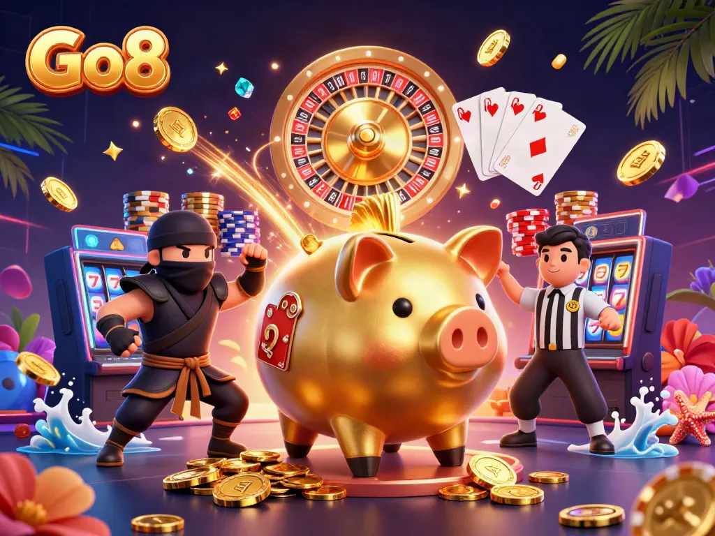 Engage with Go8's vibrant casino action featuring a golden piggy bank wrestler and lively gameplay elements.