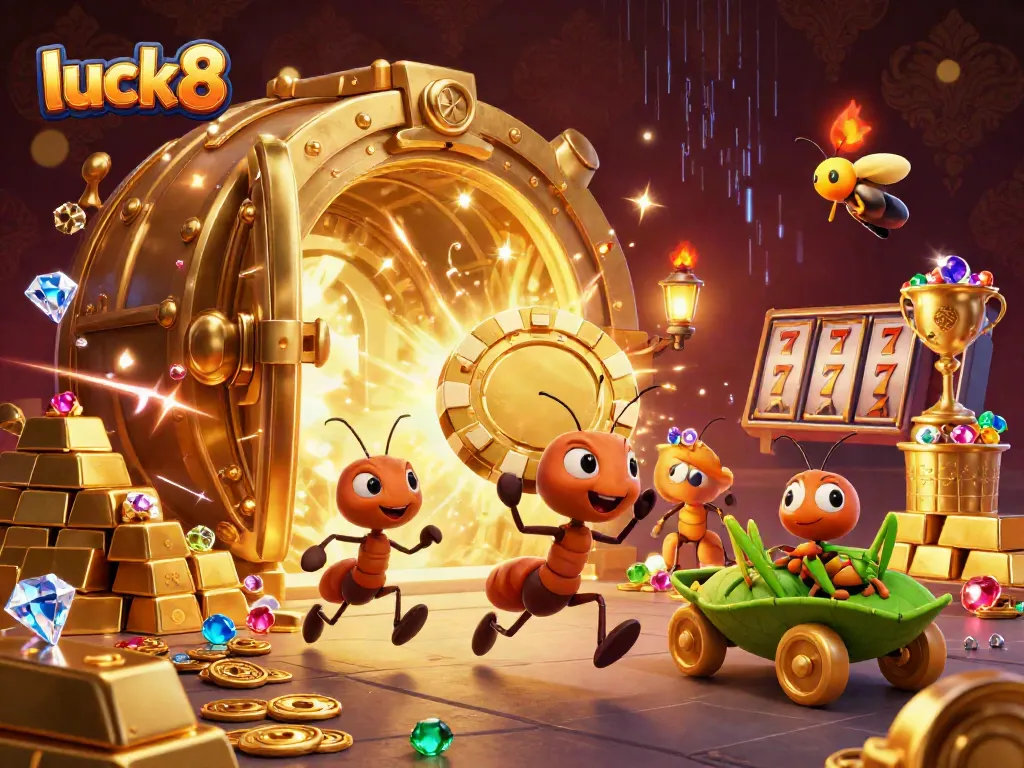 Experience the thrill of luck8's casino heist with animated ants carrying a giant poker chip.