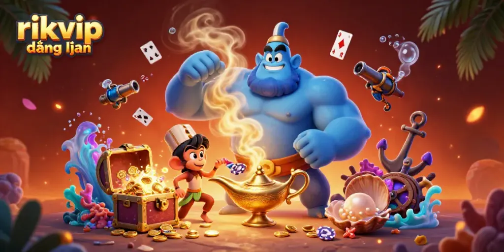 Experience rikvip đăng nhập with a magical casino scene featuring a powerful genie, poker chips, and treasure.