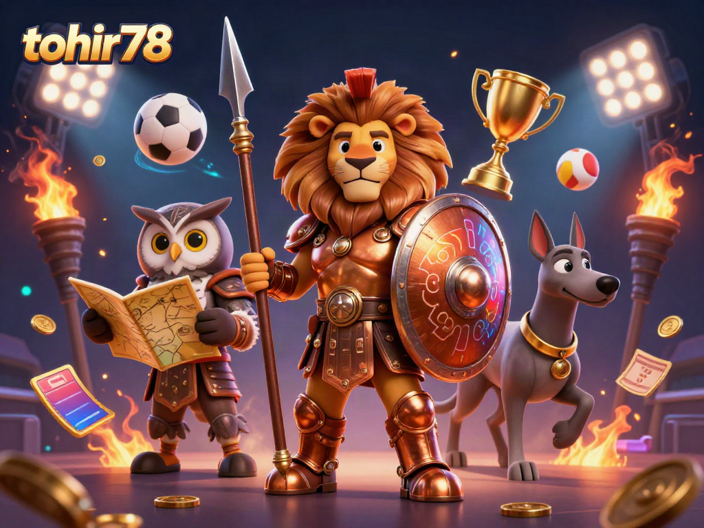 Experience the thrilling action of Tohir78 with a Spartan lion, owl strategist, and greyhound messenger winning in a casino setting.