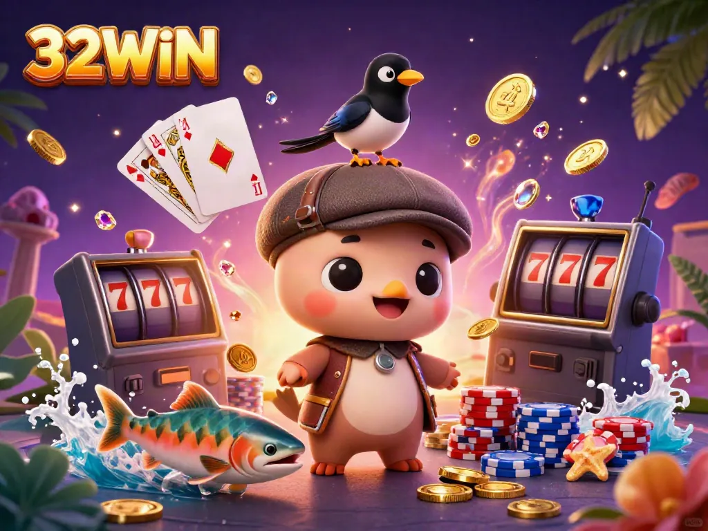 Experience the excitement of 32WIN with playful Nessie, gold coins, and vibrant casino elements.