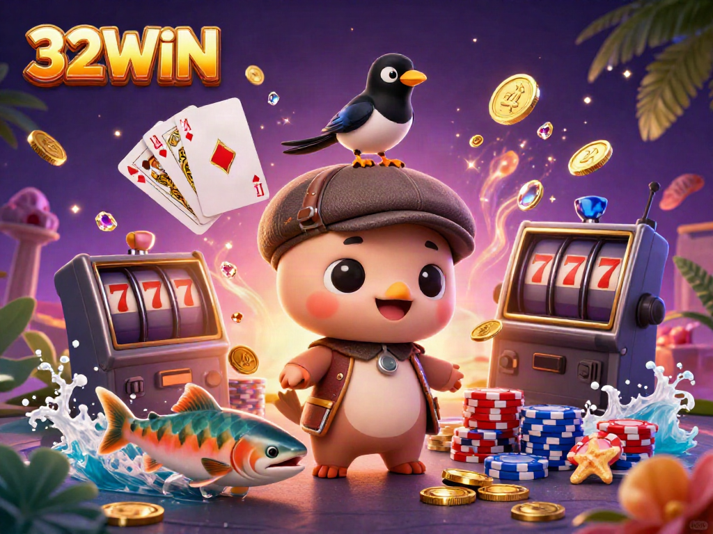 Experience the excitement of 32WIN with playful Nessie, gold coins, and vibrant casino elements.