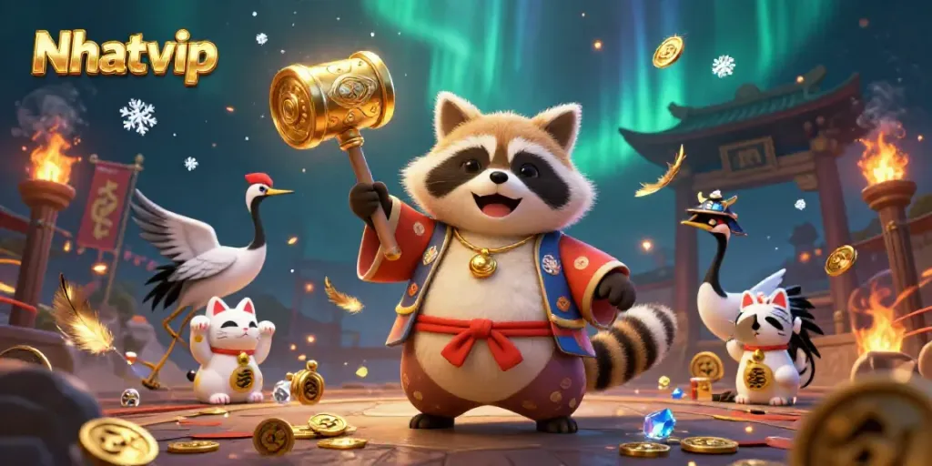 Nhatvip showcases a bustling casino scene with a cheerful tanuki and lucky symbols, evoking fortune.