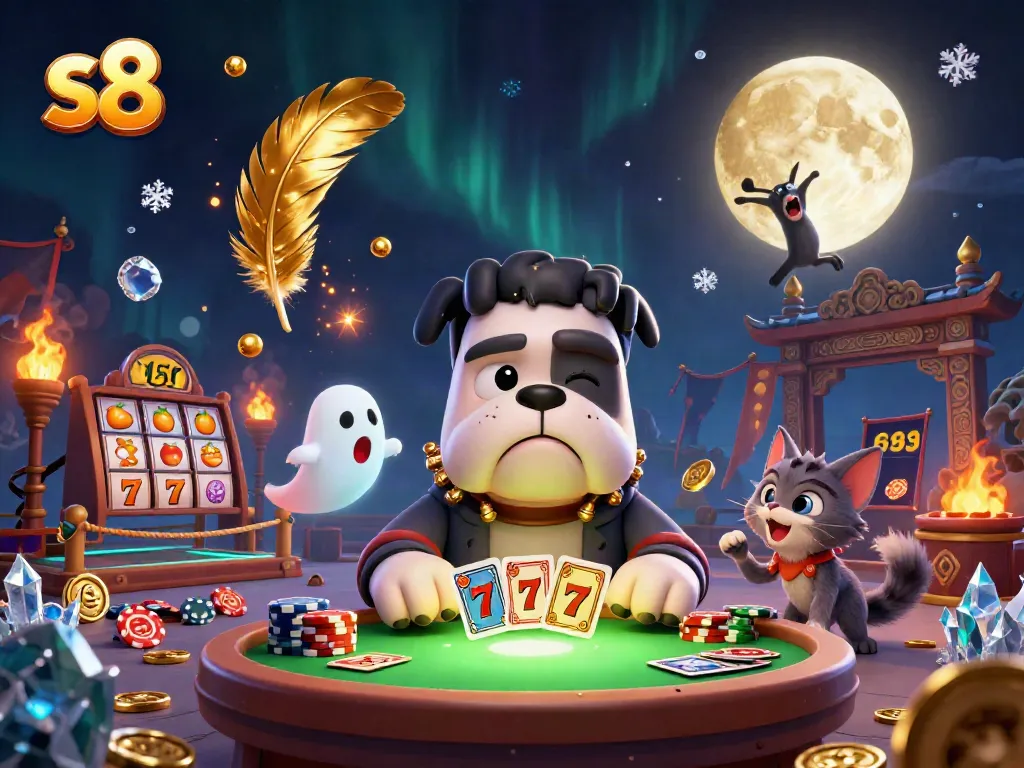 Join the s8 adventure with a lively 3D casino scene featuring iconic characters and slot elements.