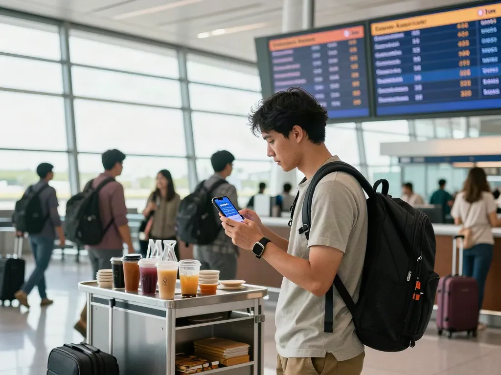 Traveler checking Garuda 404 flight status at an airport terminal