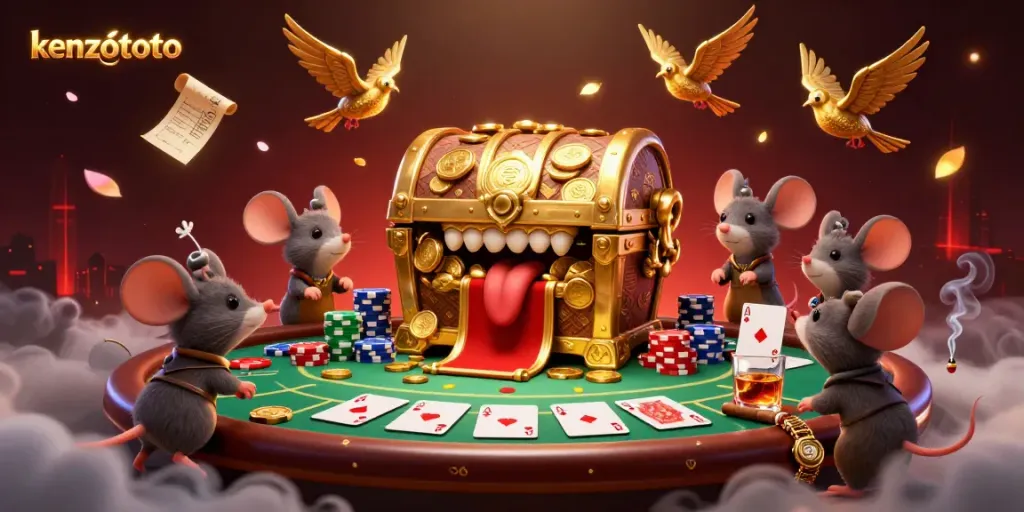 Engage with kenzototo's rich gaming experience featuring vibrant poker elements and treasure-themed characters.