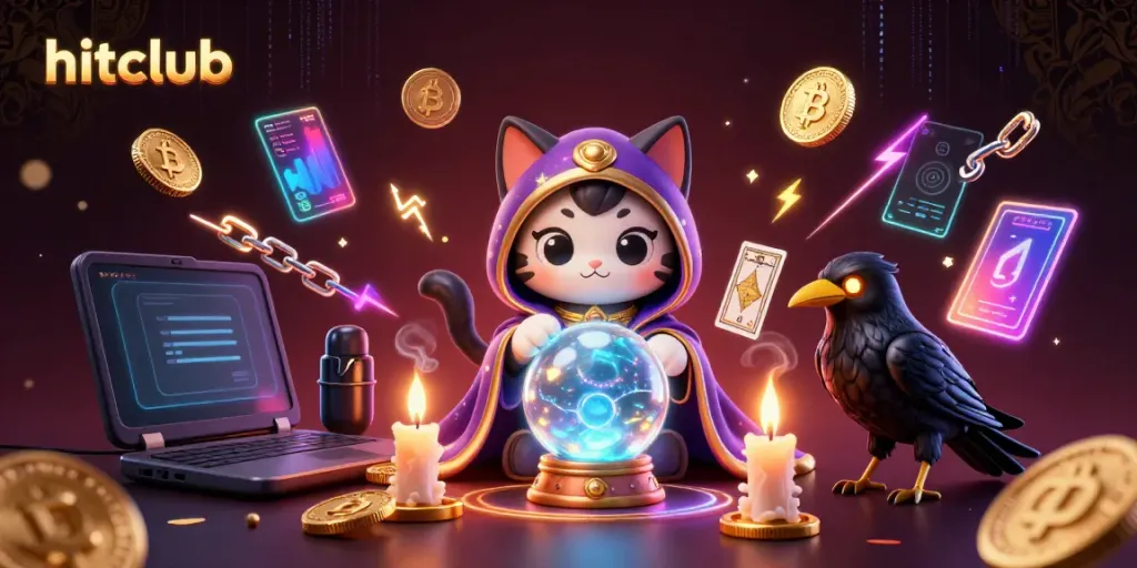 Experience the thrill of hitclub with an energetic scene showcasing crypto elements and mystical characters.