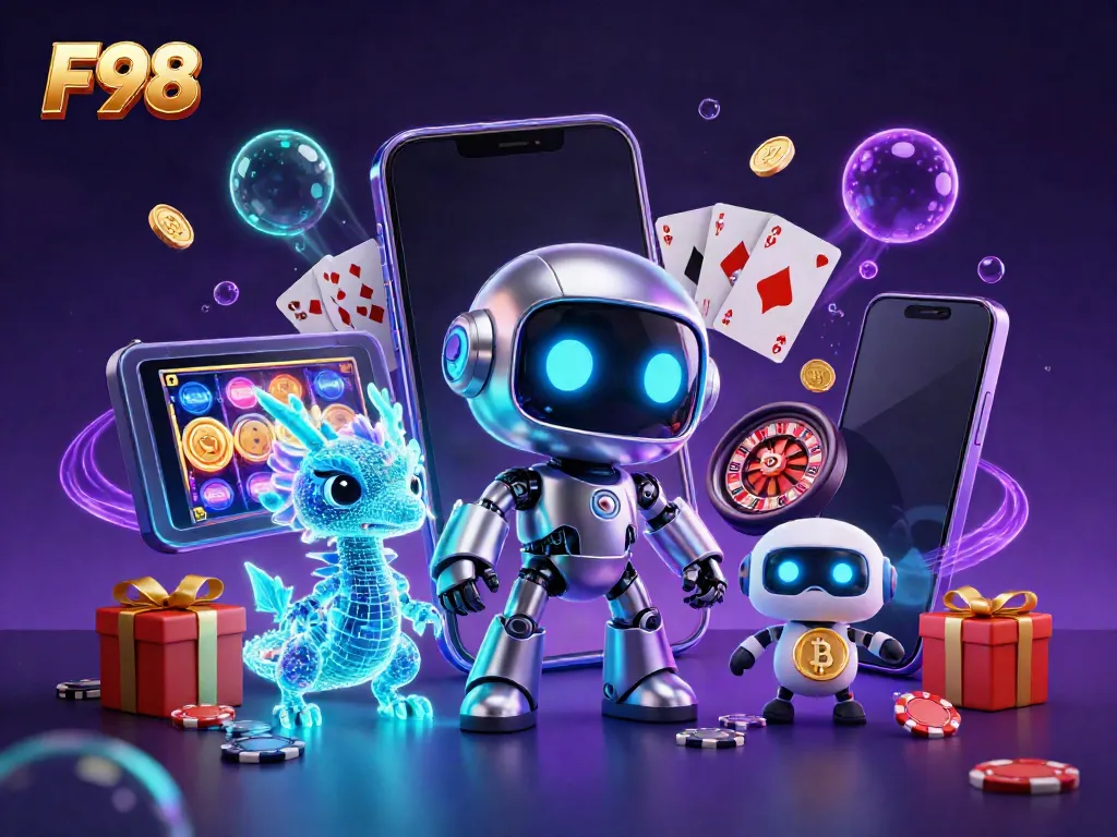 Experience F98 in an immersive casino scene with a chrome robot and vibrant gaming elements.
