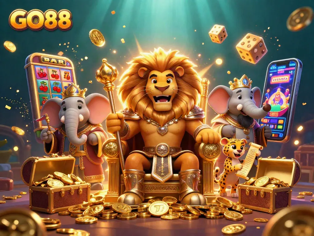 Engage in GO88's thrilling jackpot experience with lions, elephants, and cheetahs amid exciting 3D casino elements.