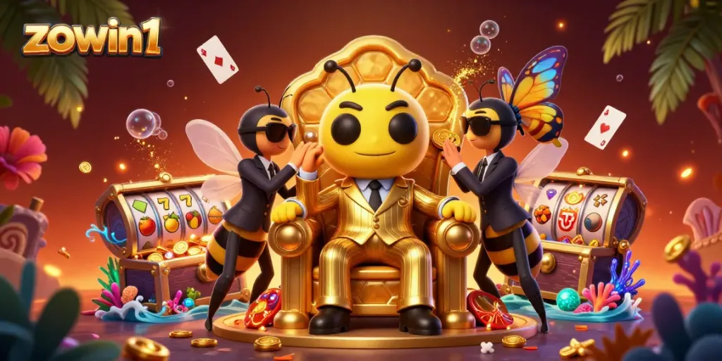 Zowin1 offers dynamic gaming with lively characters amidst a vibrant casino atmosphere.