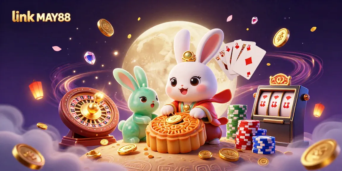 Experience the excitement of gaming at link MAY88 with colorful, dynamic casino elements in a whimsical scene.